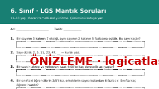 6. Sınıf · LGS Mantık Soruları ücretsiz çalışma kağıdı önizleme