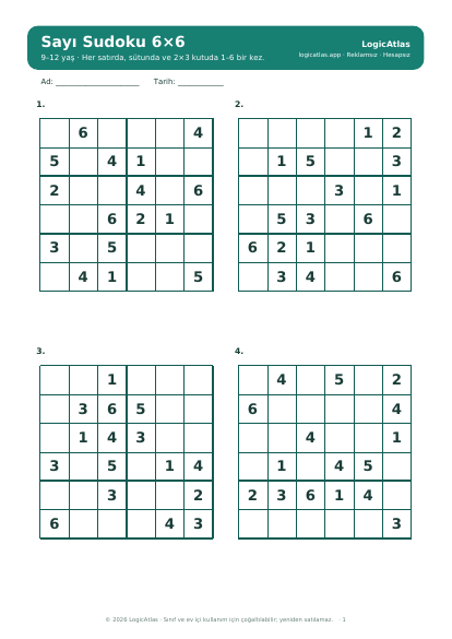 Sayı Sudoku 6×6 çalışma kâğıdı önizlemesi