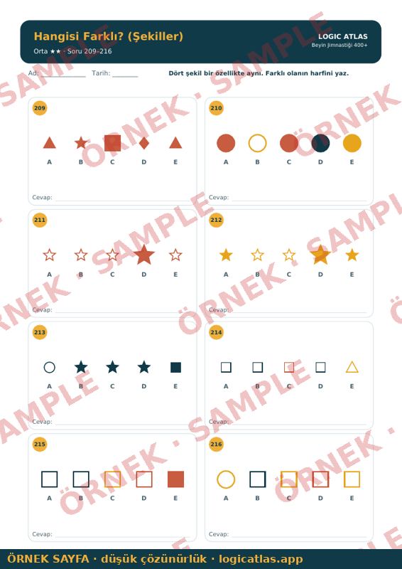 Brain Teasers 400+ — odd one out (shapes) page — low-resolution watermarked preview