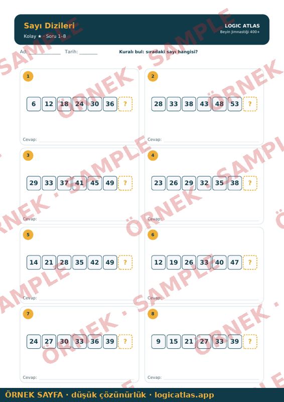 Brain Teasers 400+ — number sequences page — low-resolution watermarked preview