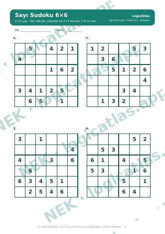 Zahlen-Sudoku 6×6 Beispielseite (mit Wasserzeichen, niedrige Auflösung)