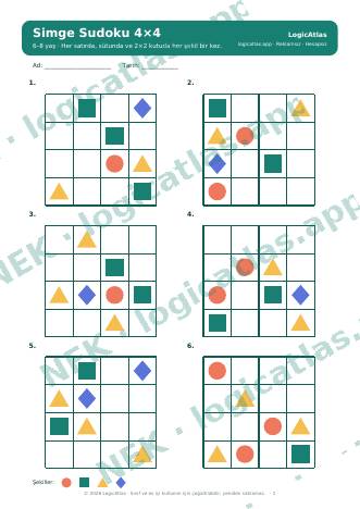 Bilder-Sudoku 4×4 Beispielseite (mit Wasserzeichen, niedrige Auflösung)