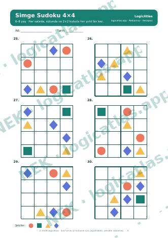 Bilder-Sudoku 4×4 Beispielseite (mit Wasserzeichen, niedrige Auflösung)